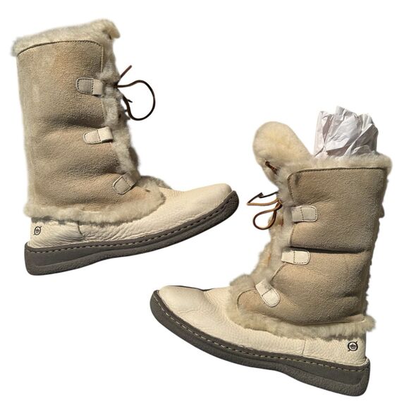 Born Shearling Boots 10 Cream Leather Lined Fold Over Winter Apres Ski Shoe - Picture 5 of 11
